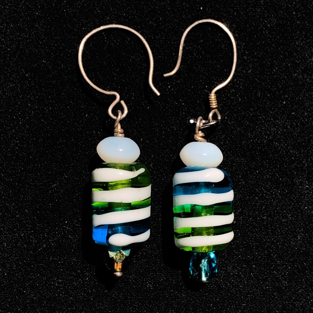 Glass bead earrings blue green and white w/ silver
